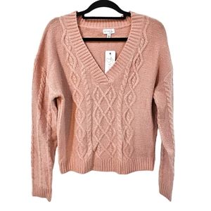 NWT Olivia Sky Cable-knit V-neck Sweater Size L